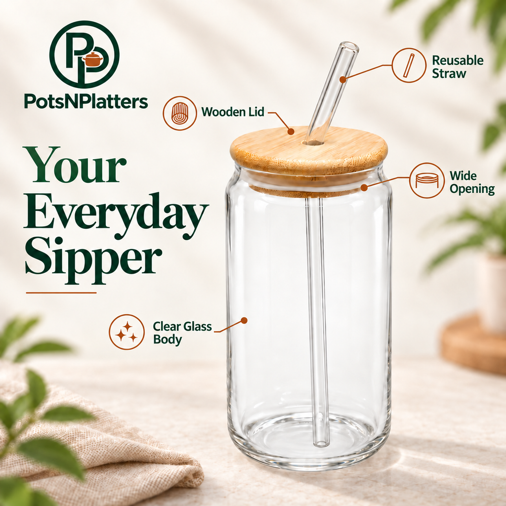Glass Sipper with Wooden Lid & Reusable Straw