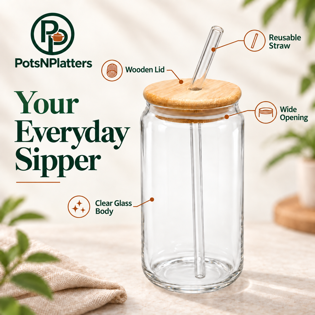 Glass Sipper with Wooden Lid & Reusable Straw