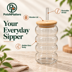 Bubble Glass Sipper with Wooden Lid & Reusable Straw