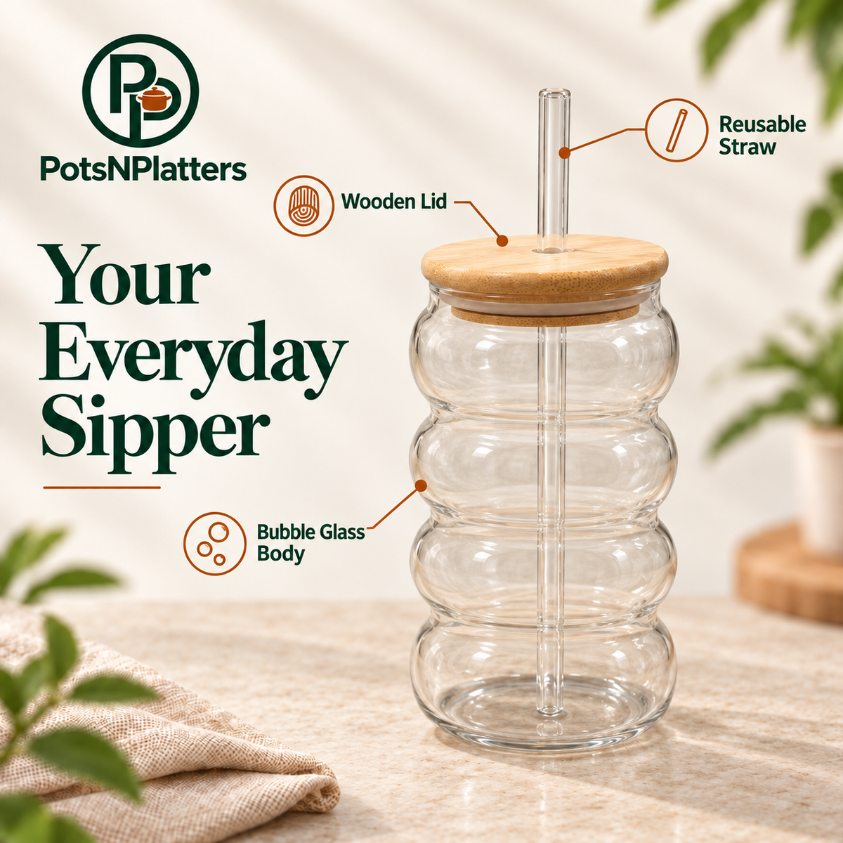 Bubble Glass Sipper with Wooden Lid & Reusable Straw
