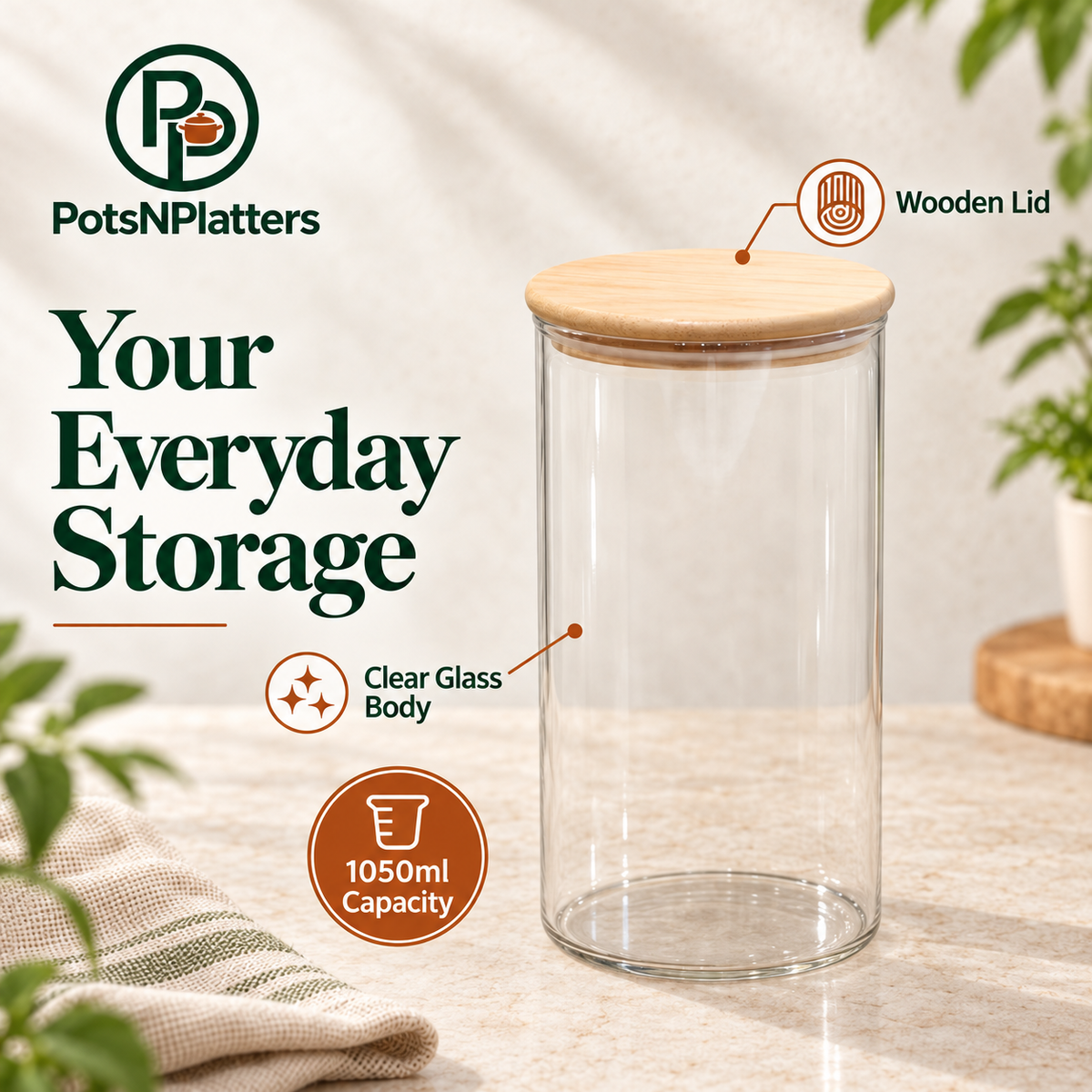 Medium Glass Storage Jar with Wooden Lid – 1050ml