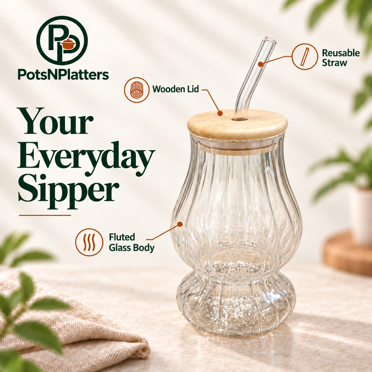 Fluted Glass Sipper with Wooden Lid and Reusable Straw