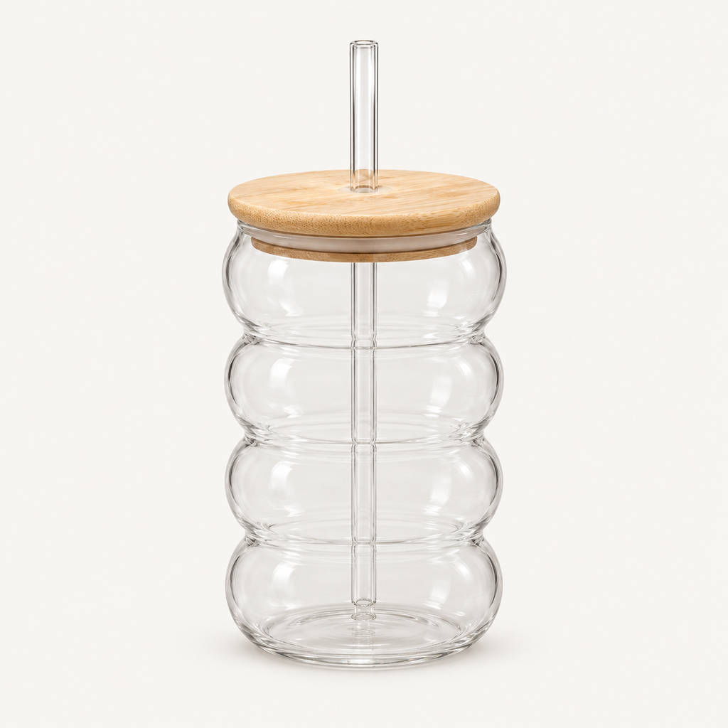 Bubble Glass Sipper with Wooden Lid & Reusable Straw