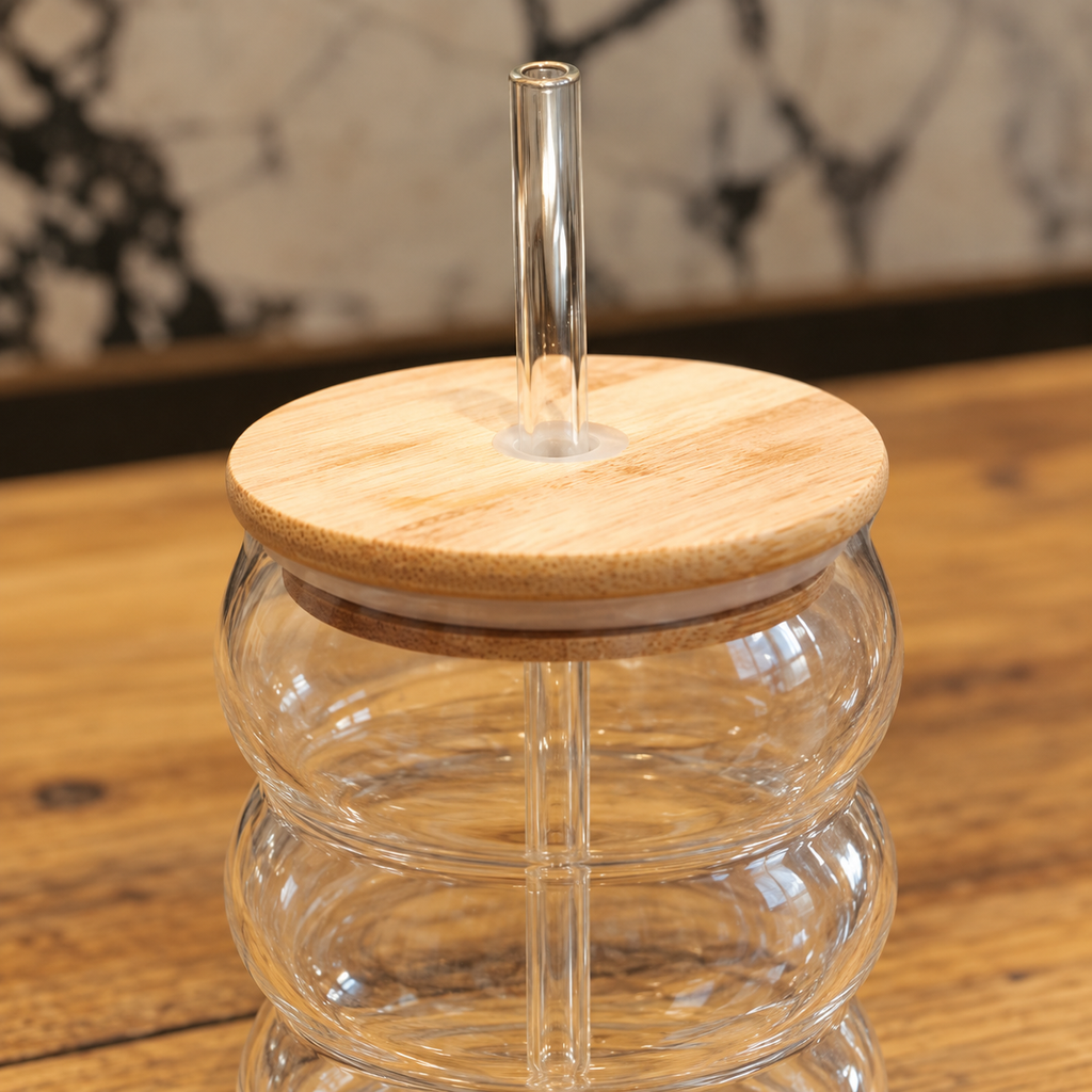 Bubble Glass Sipper with Wooden Lid & Reusable Straw