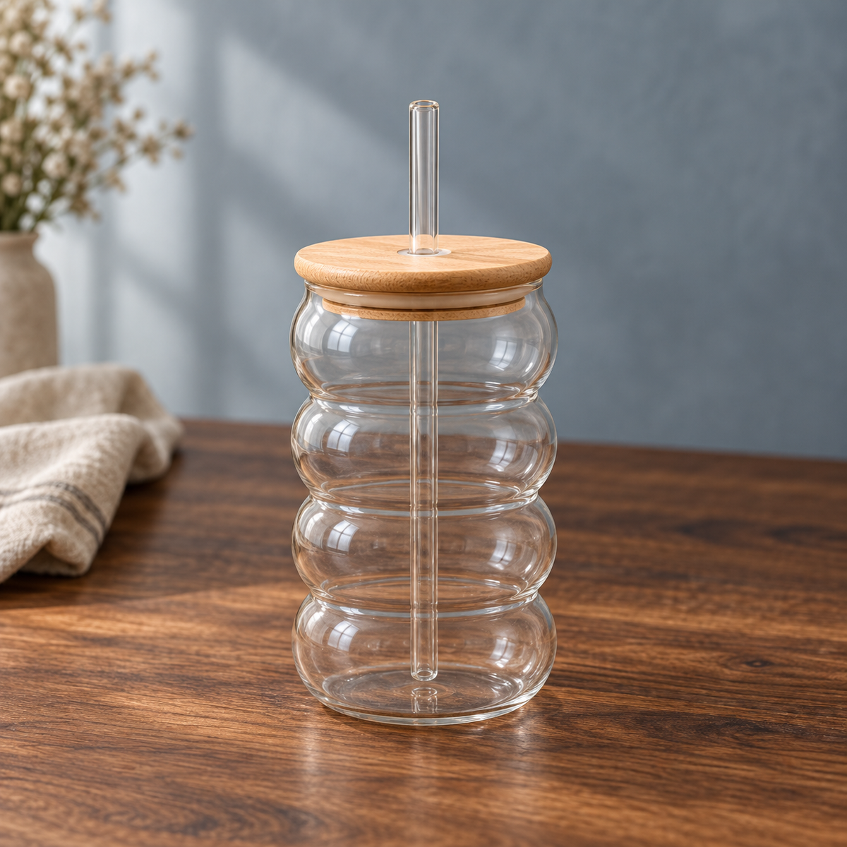 Bubble Glass Sipper with Wooden Lid & Reusable Straw