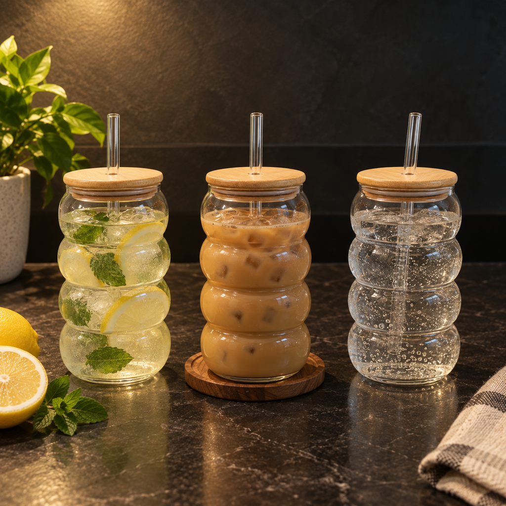 Bubble Glass Sipper with Wooden Lid & Reusable Straw