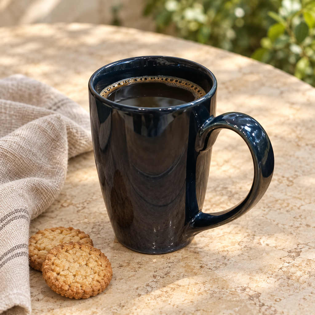 Tall Dark Glossy Mug — in-use scene with styling props