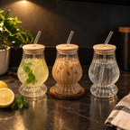 Fluted Glass Sipper with Wooden Lid and Reusable Straw