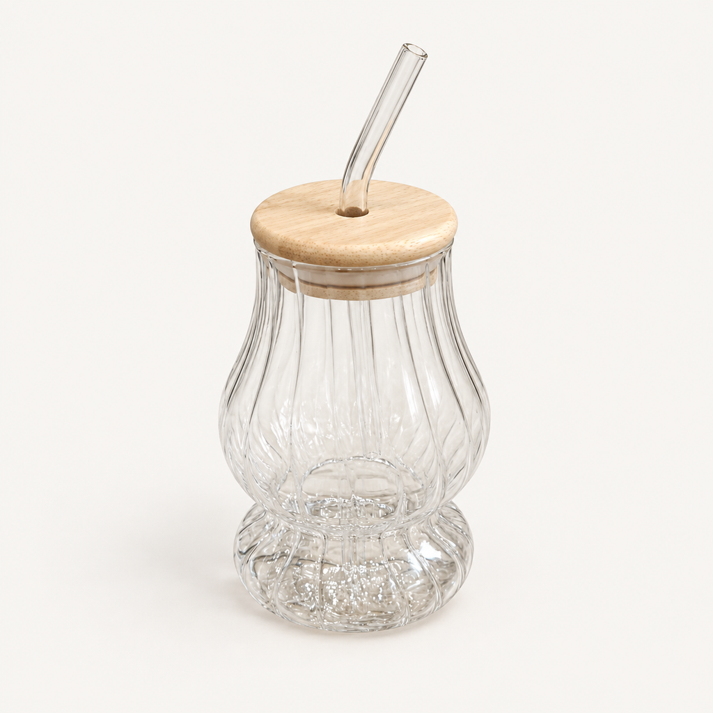 Fluted Glass Sipper with Wooden Lid and Reusable Straw
