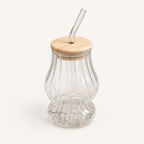 Fluted Glass Sipper with Wooden Lid and Reusable Straw