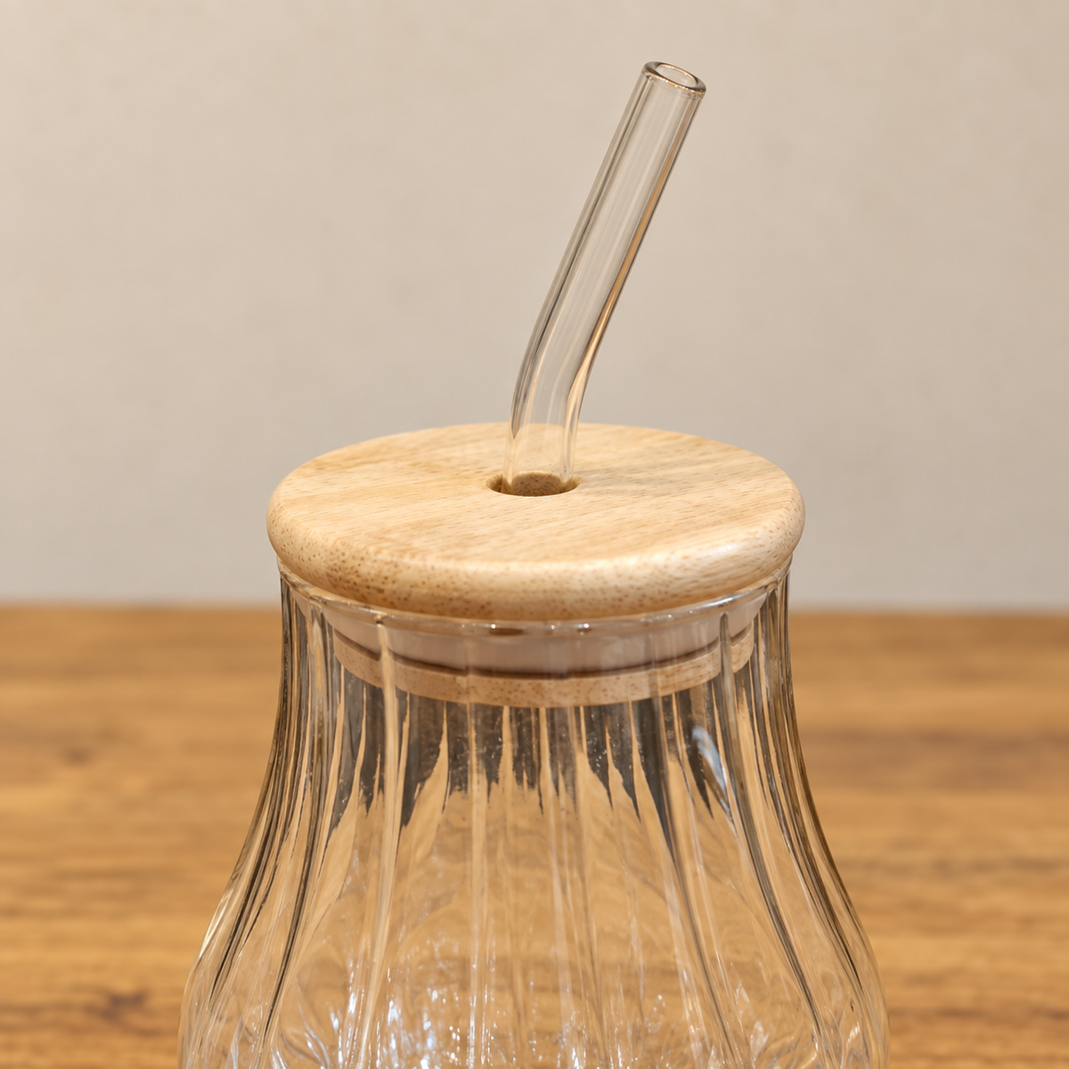 Fluted Glass Sipper with Wooden Lid and Reusable Straw