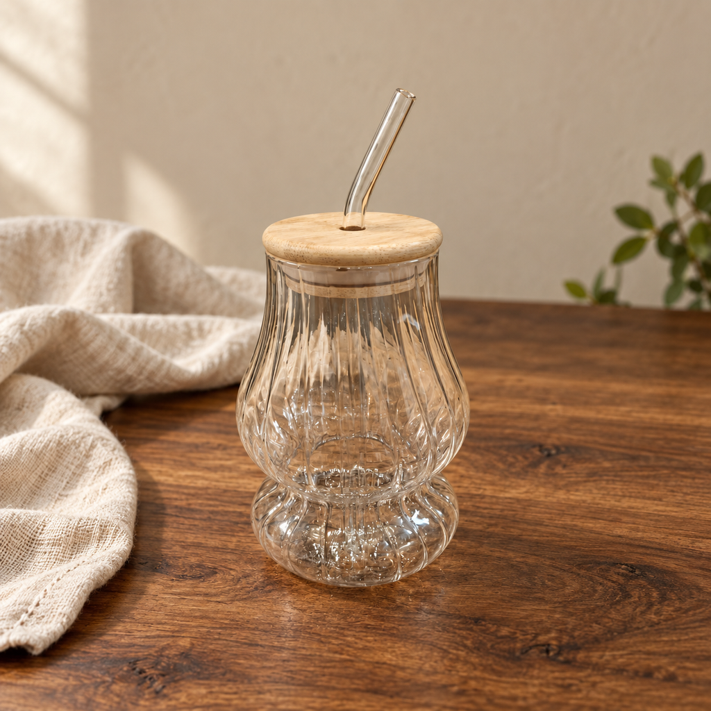 Fluted Glass Sipper with Wooden Lid and Reusable Straw