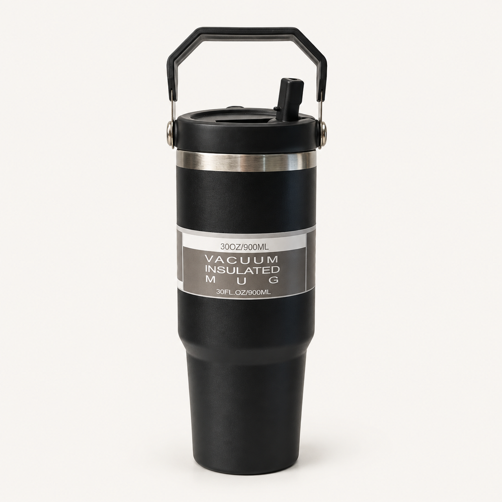 Black Travel Tumbler with Carry Handle — front