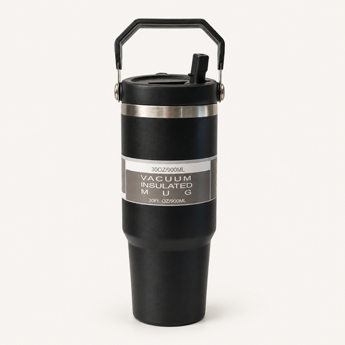Black Travel Tumbler with Carry Handle — front