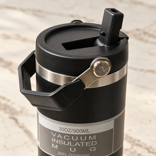 Black Travel Tumbler with Carry Handle — detail