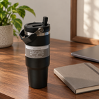 Black Travel Tumbler with Carry Handle — filled