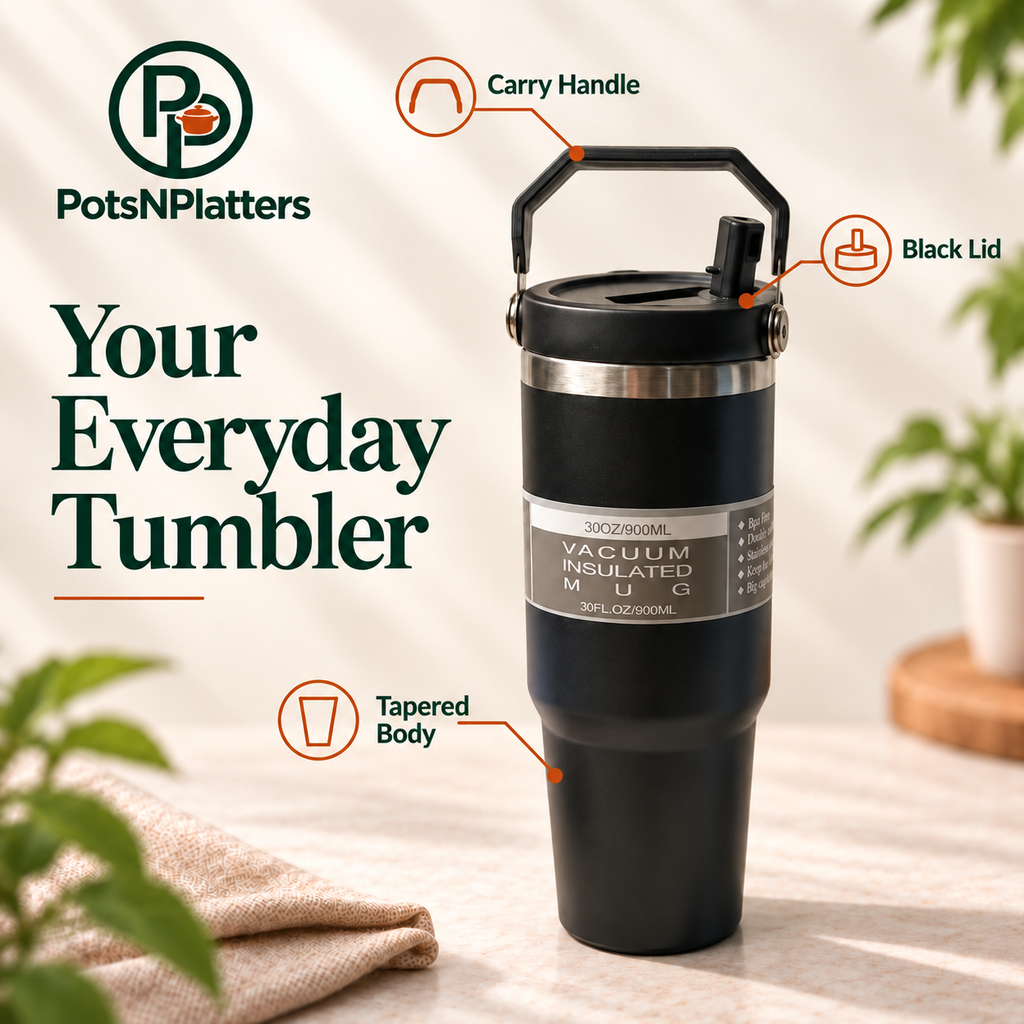 Black Travel Tumbler with Carry Handle — features