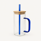 Blue Handle Glass Sipper with Wooden Lid & Straw — front