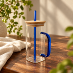 Blue Handle Glass Sipper with Wooden Lid & Straw — premium