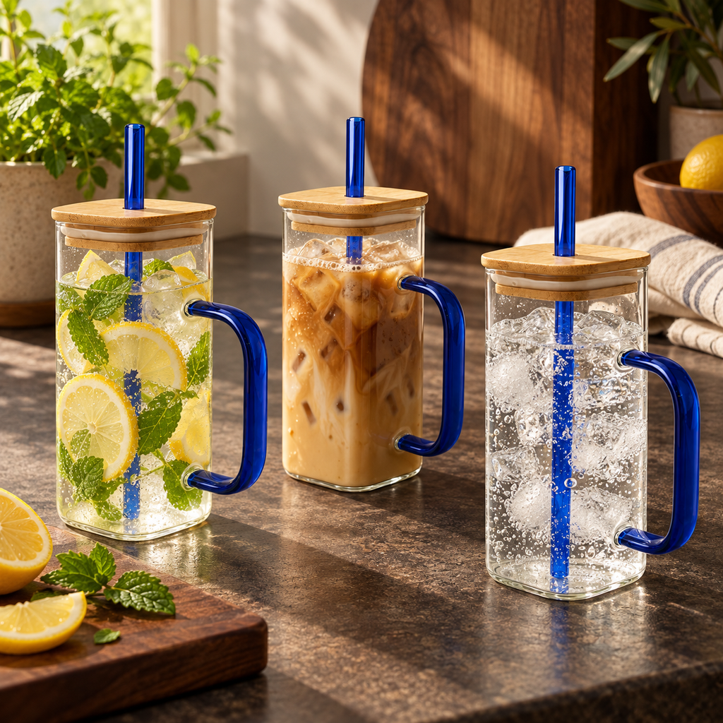 Blue Handle Glass Sipper with Wooden Lid & Straw — filled