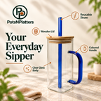 Blue Handle Glass Sipper with Wooden Lid & Straw — features