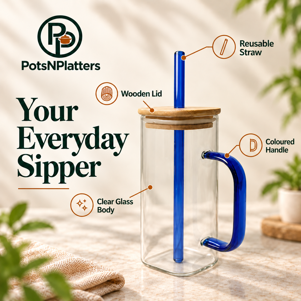 Blue Handle Glass Sipper with Wooden Lid & Straw — features