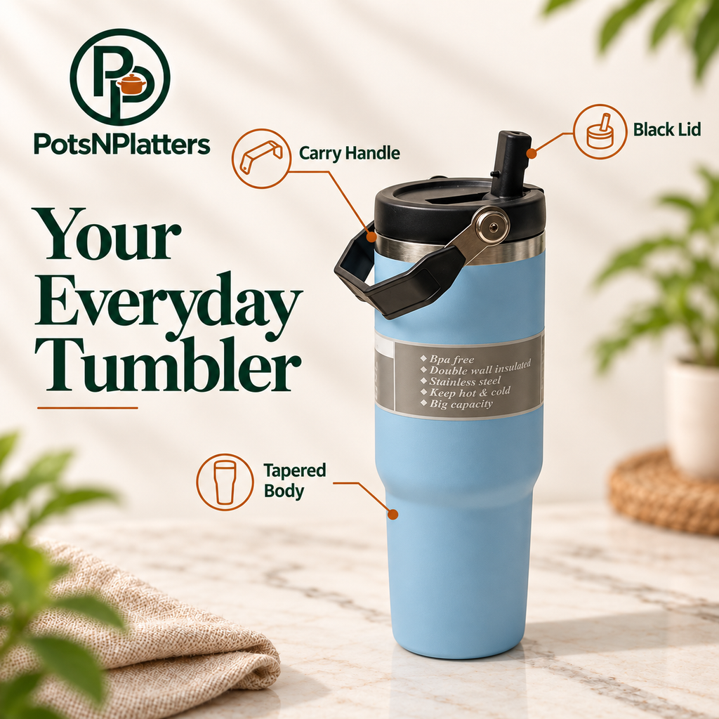 Blue Travel Tumbler with Carry Handle — features
