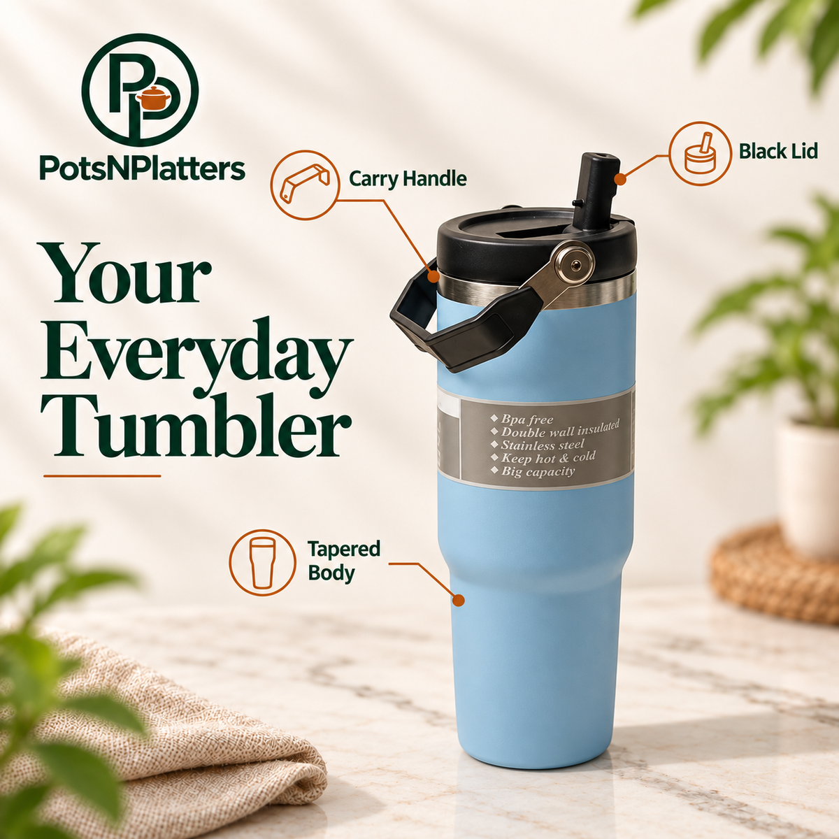 Blue Travel Tumbler with Carry Handle — features