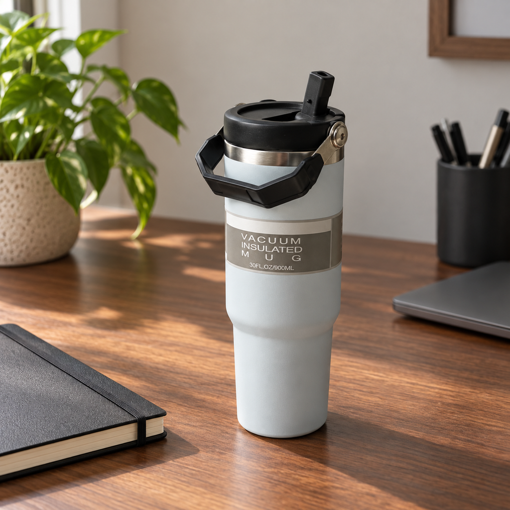 Light Grey Travel Tumbler with Carry Handle — filled