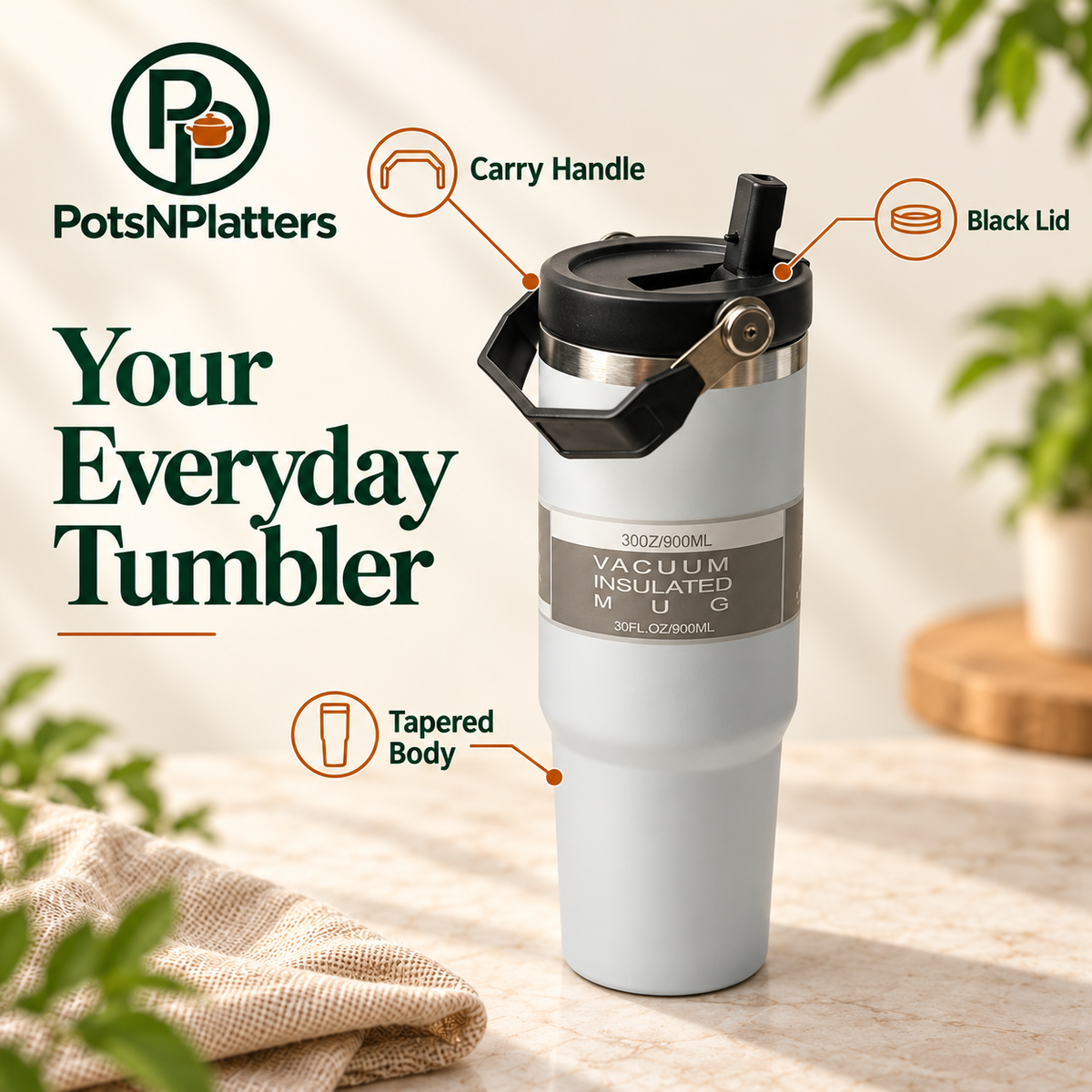 Light Grey Travel Tumbler with Carry Handle — features