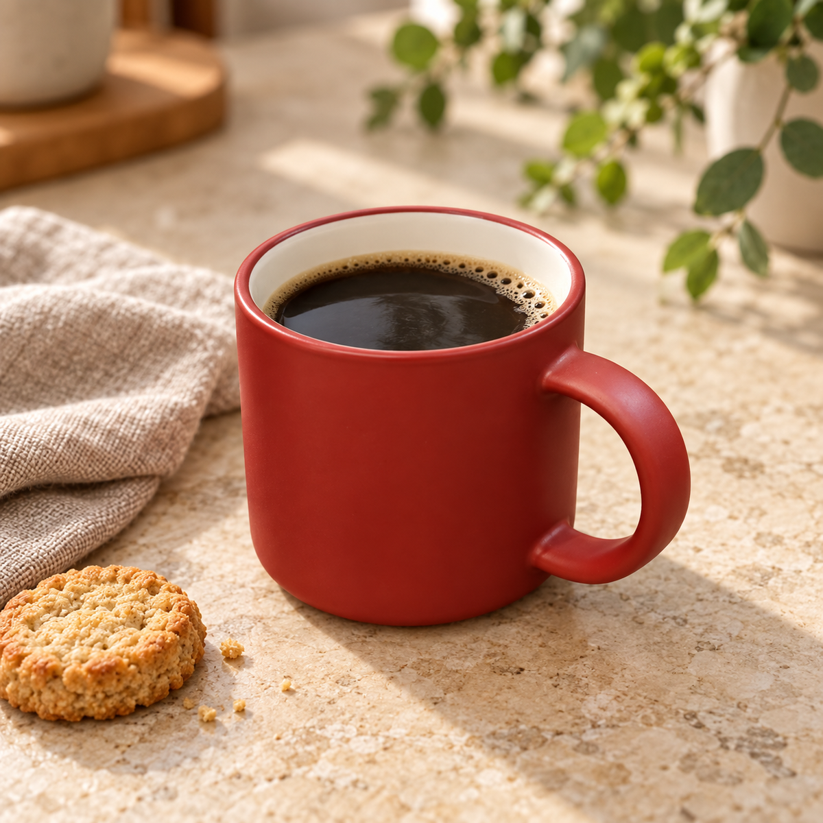 Red Mug with Cream Interior — filled with coffee; styling props